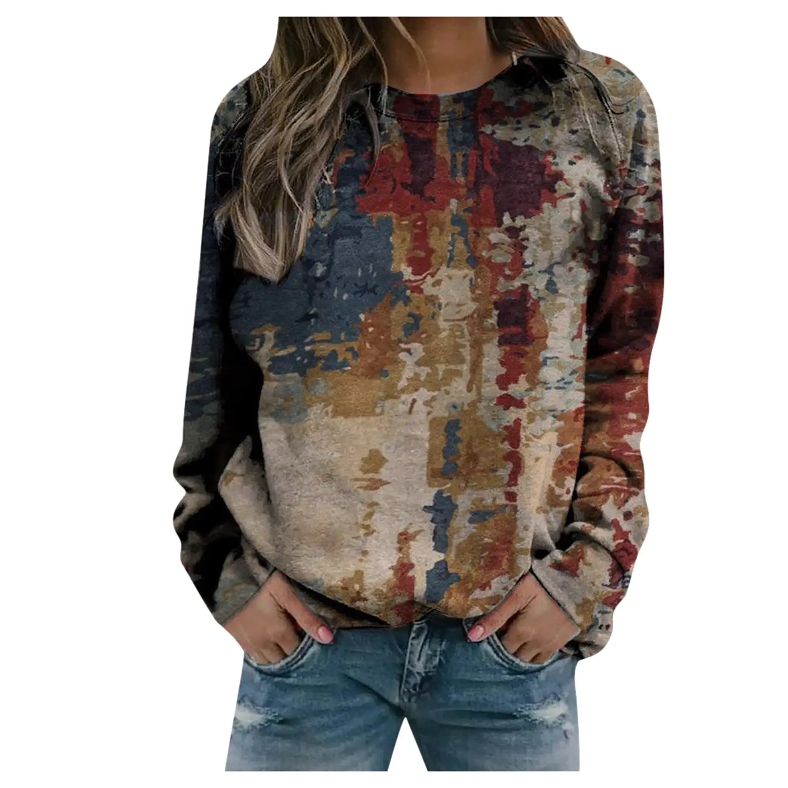 Women Printed Sweatshirt Green Geometric Long Sleeve - Image 7