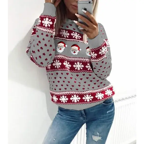 2020 Santa Print Long Sleeve T-Shirt Grey Red - Image 5