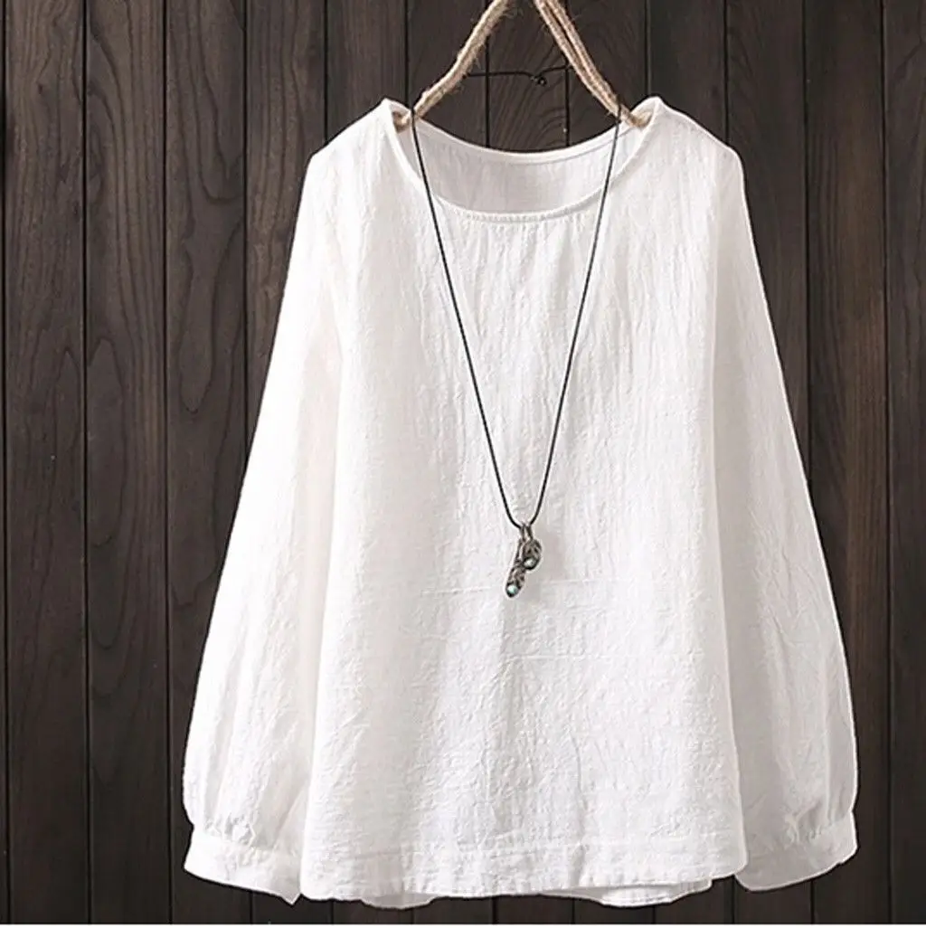 Women Cotton Linen Long Sleeve Round Neck Shirt Light Blue Large - Image 6