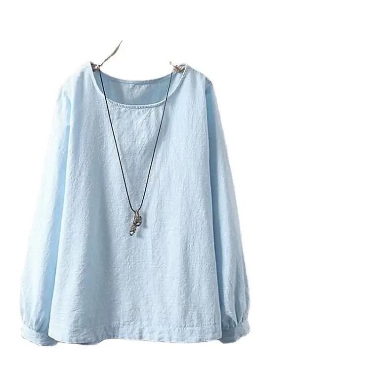 Women Cotton Linen Long Sleeve Round Neck Shirt Light Blue Large - Image 9