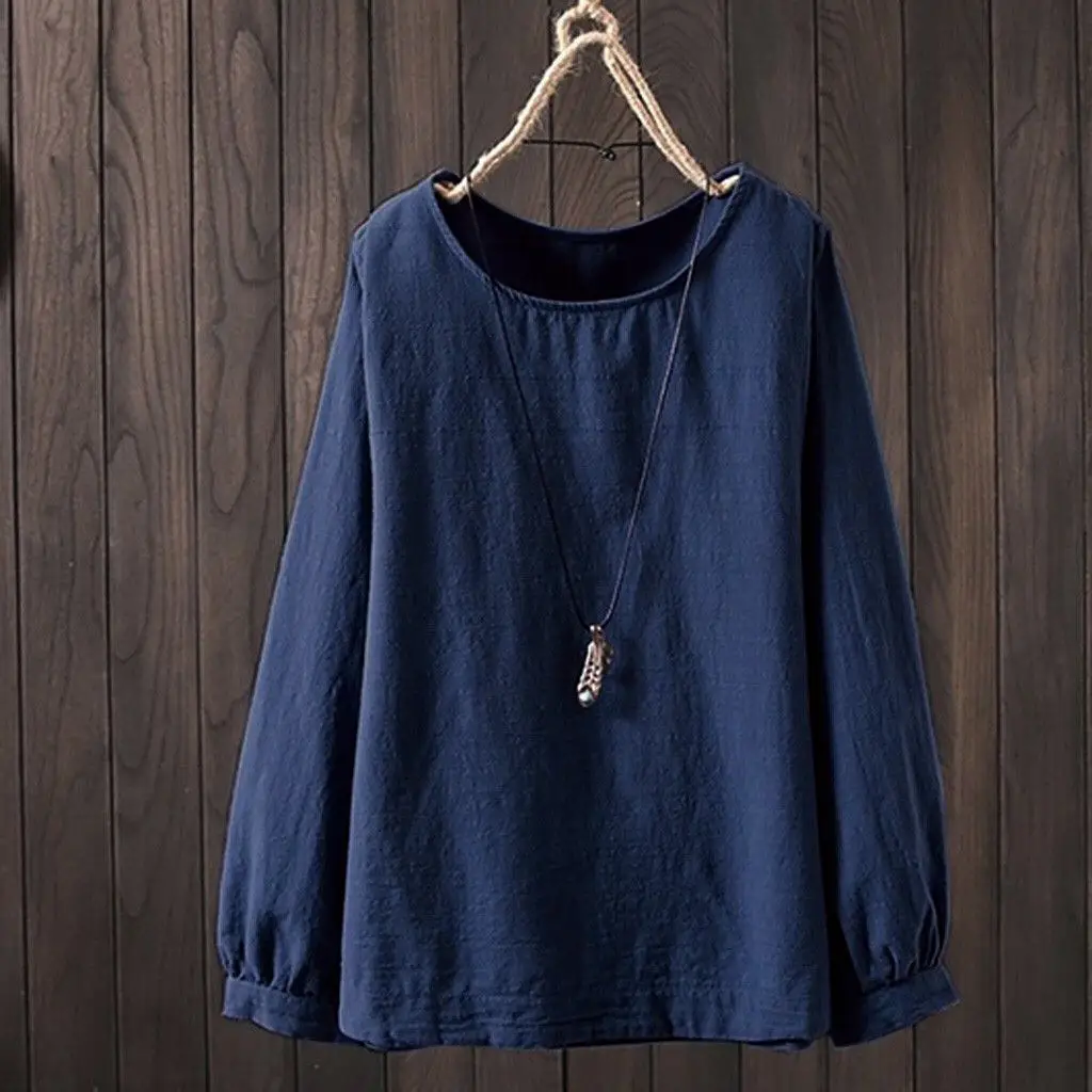 Women Cotton Linen Long Sleeve Round Neck Shirt Light Blue Large - Image 3