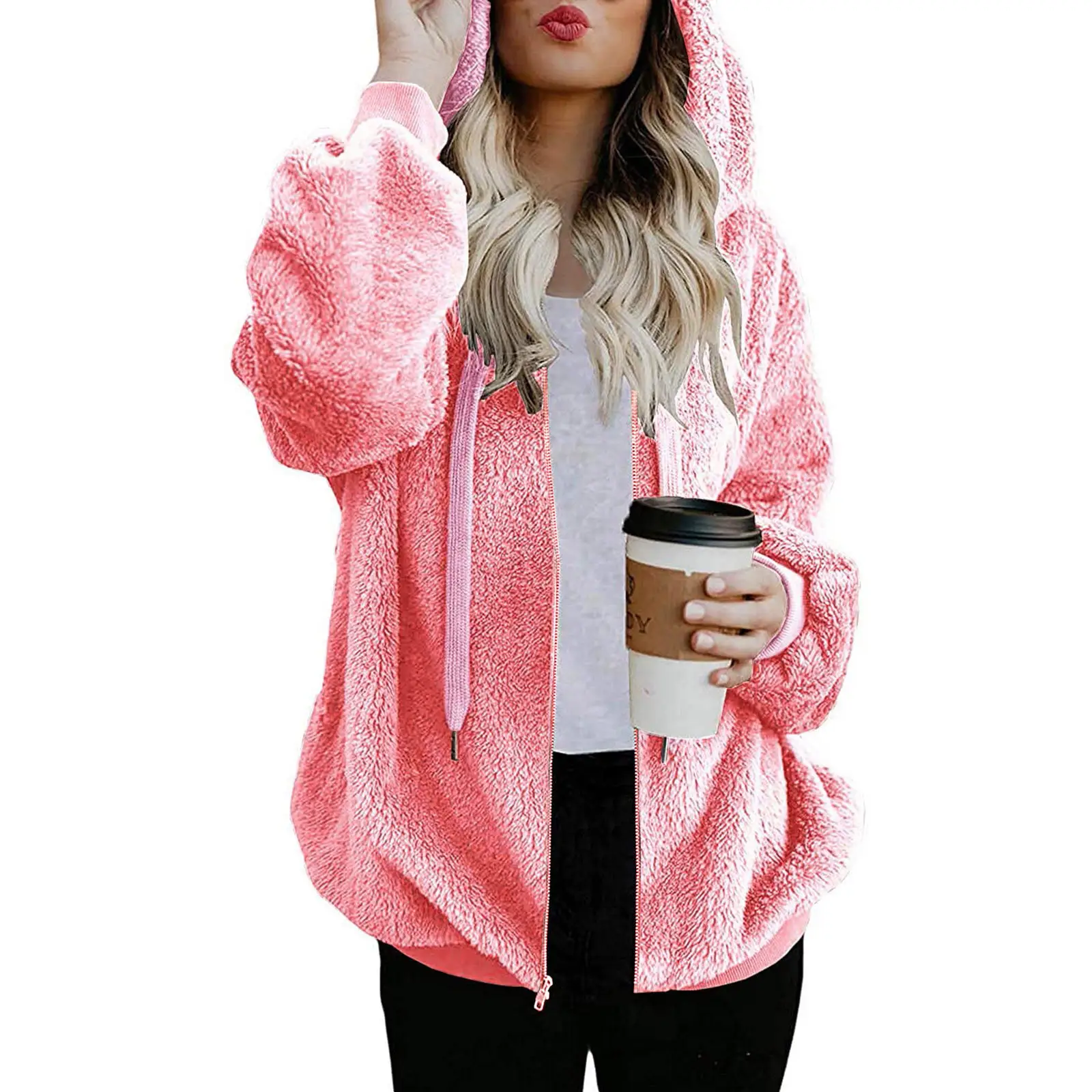 Women's 2020 Plush Hooded Sweater Brown - Image 3