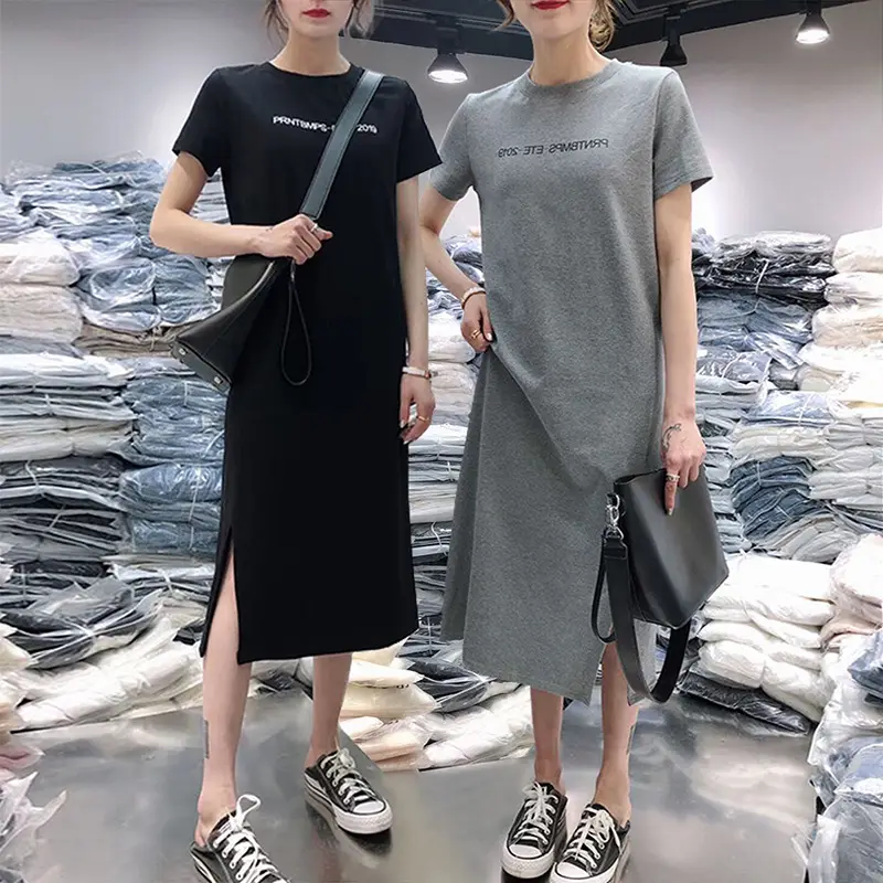 Women Grey Split Dress Casual T-Shirt Shorts Set - Image 3