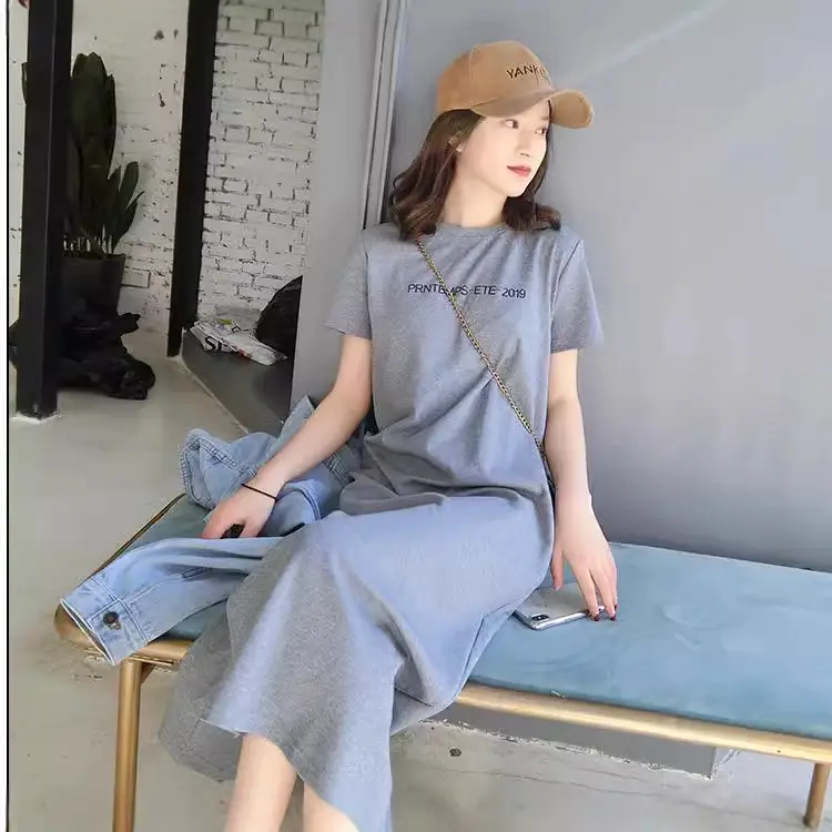 Women Grey Split Dress Casual T-Shirt Shorts Set - Image 5