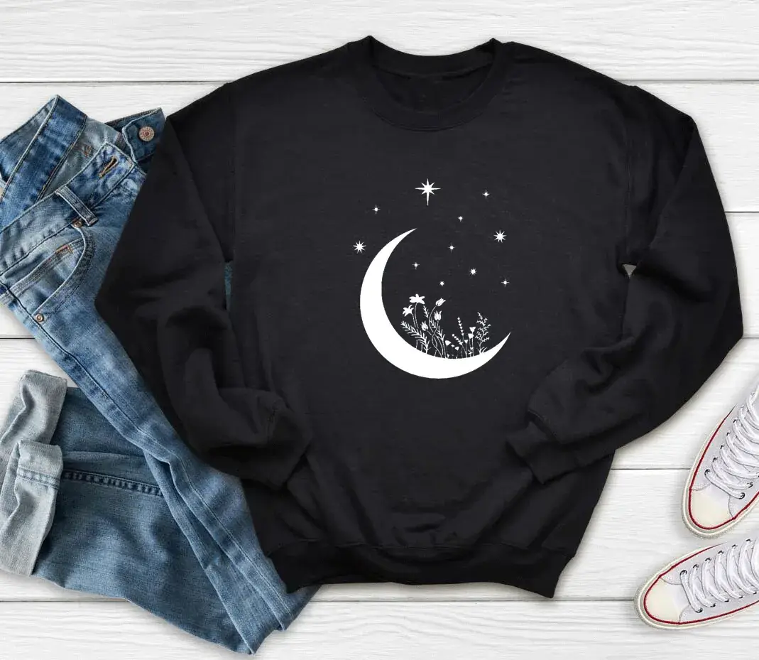 Moon & Star Print Grey Sweatshirt for Women - Image 2