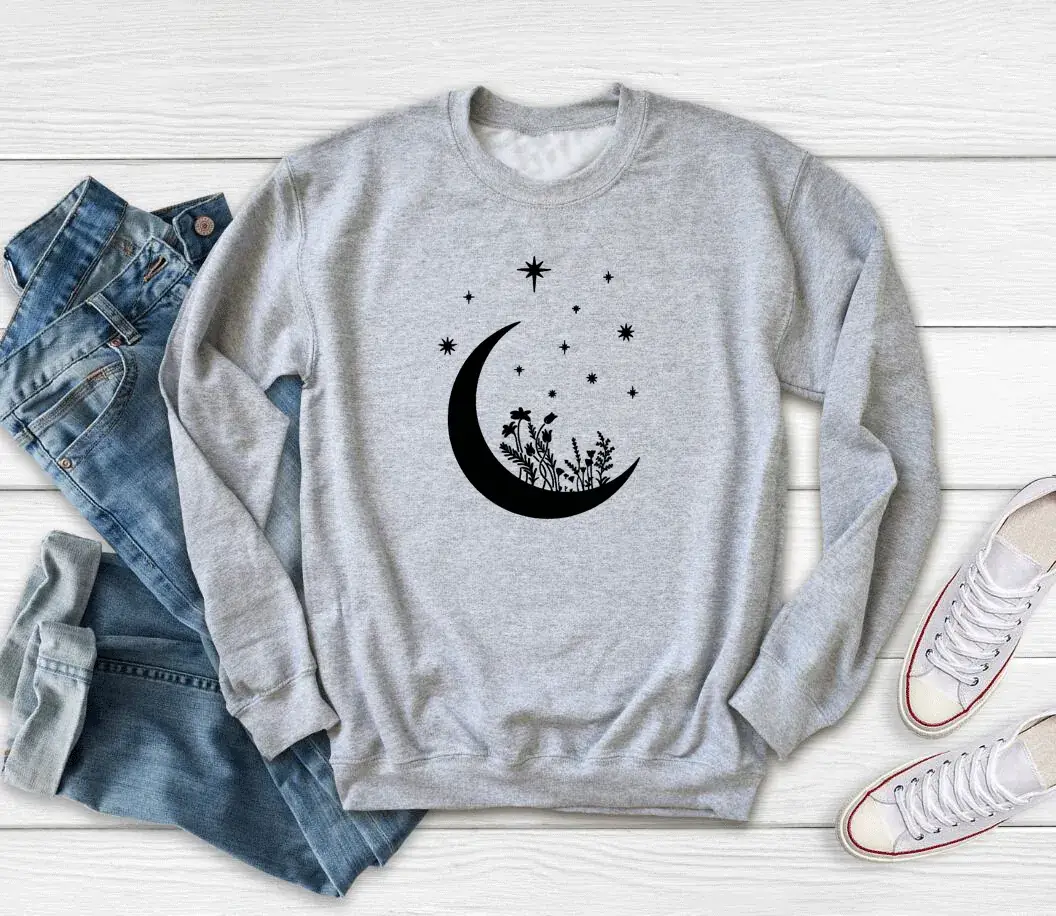 Moon & Star Print Grey Sweatshirt for Women - Image 4