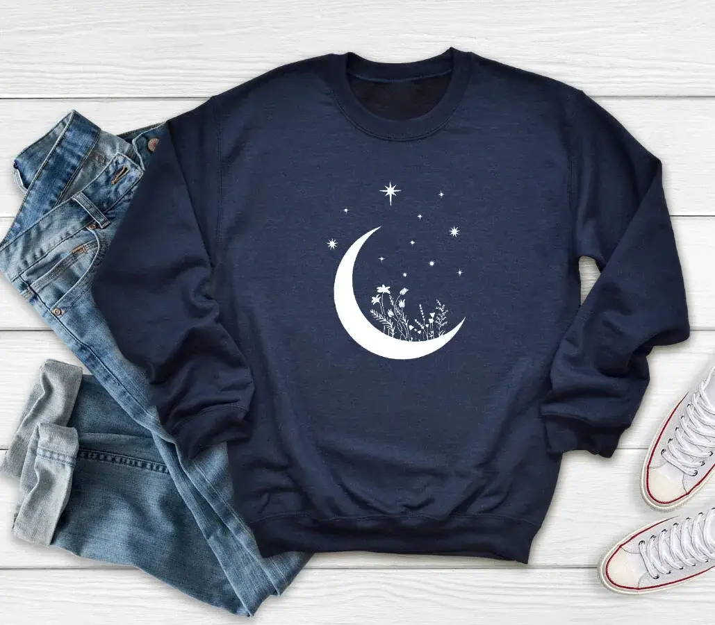 Moon & Star Print Grey Sweatshirt for Women - Image 9