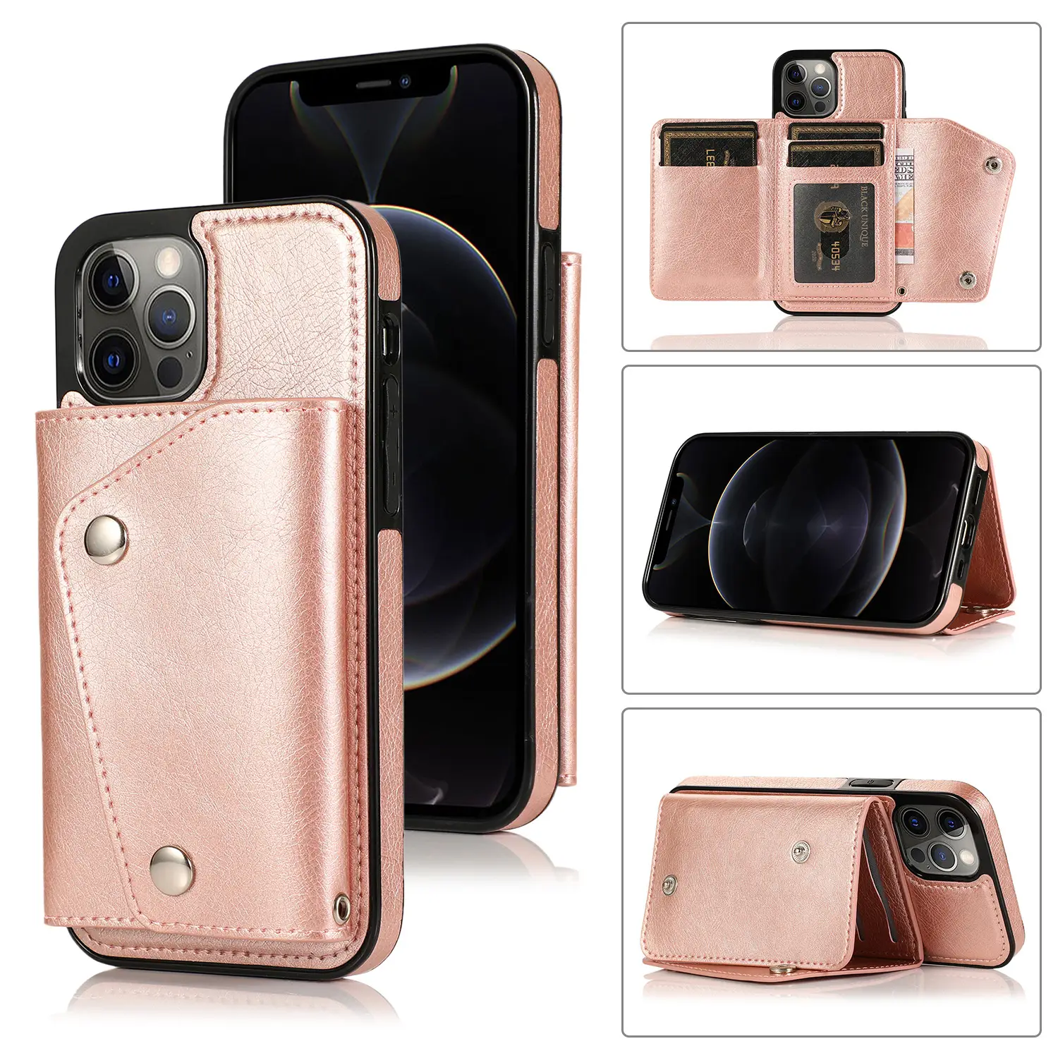 iPhone13 Promax Leather Wallet Case Rose Gold - Image 5