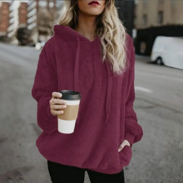 Women's Long Sleeve Hooded Sweater Jacket Maroon Solid Color