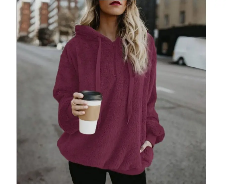 Women's Long Sleeve Hooded Sweater Jacket Maroon Solid Color