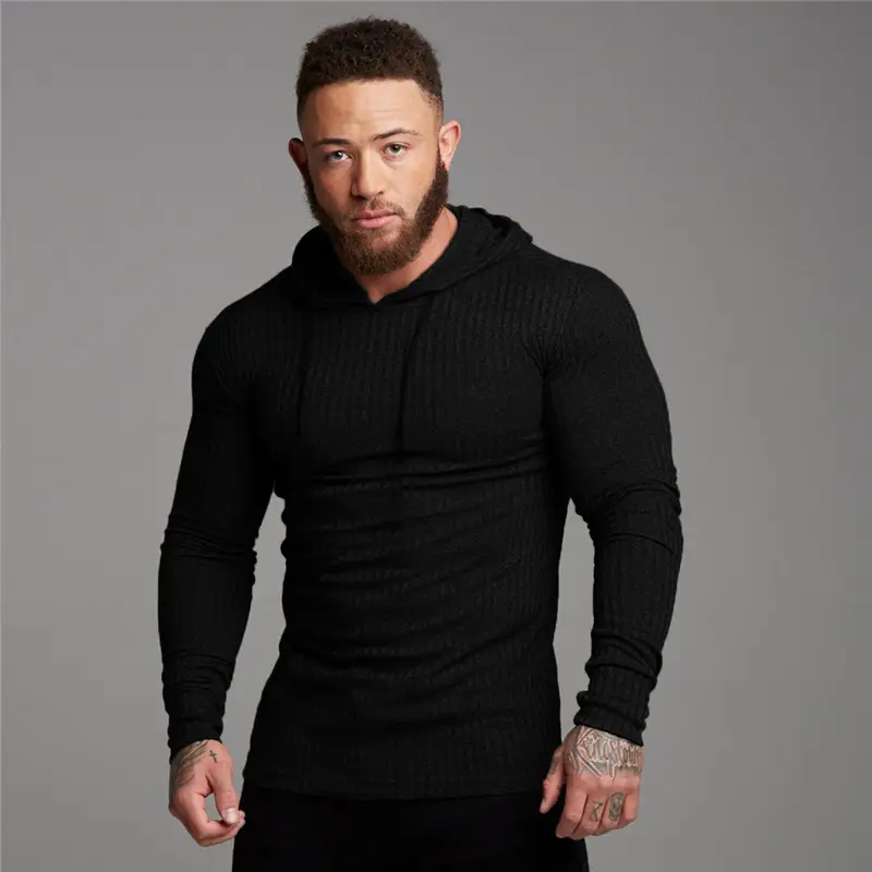 Men's Black Knitted Hoodie Sweatshirt Long Sleeve Winter Training Base - Image 8