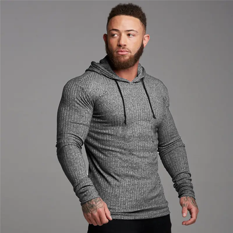 Men's Black Knitted Hoodie Sweatshirt Long Sleeve Winter Training Base - Image 2