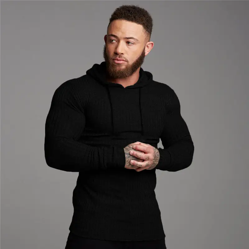 Men's Black Knitted Hoodie Sweatshirt Long Sleeve Winter Training Base - Image 3
