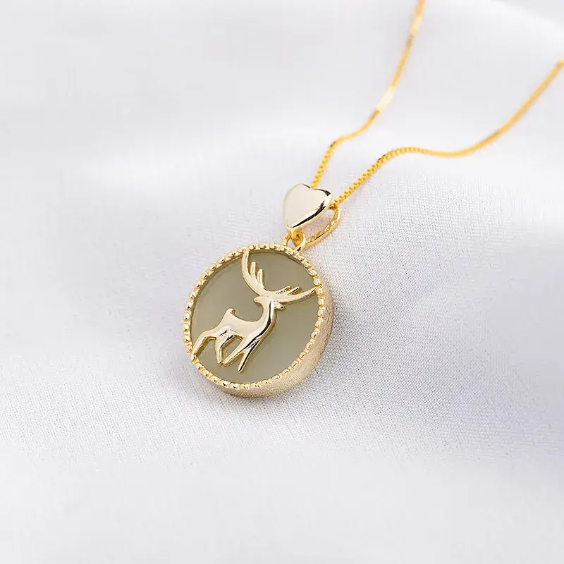 Jade Deer Pendant Necklace Green White Jade Queen - Image 6