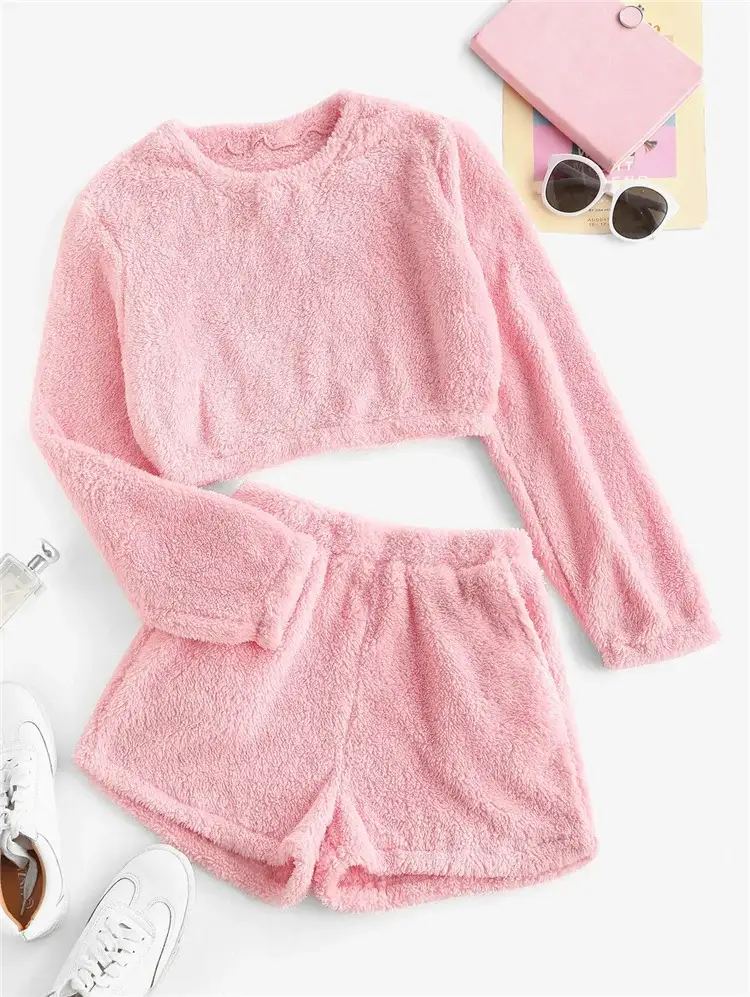 Coral Fleece Cross-Border Shorts Set Purple — feature 13