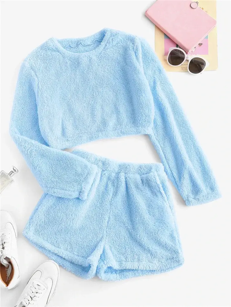 Coral Fleece Cross-Border Shorts Set Purple — feature 14