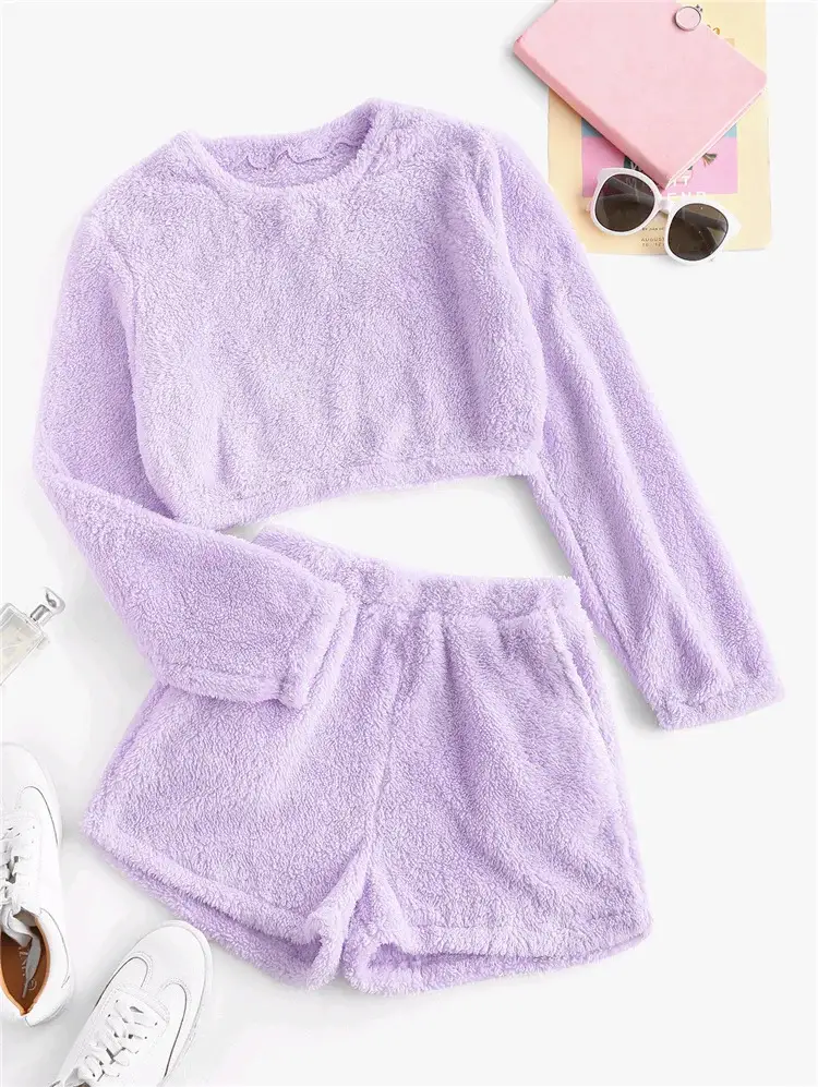 Coral Fleece Cross-Border Shorts Set Purple — feature 15