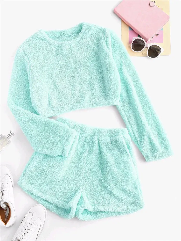 Coral Fleece Cross-Border Shorts Set Purple — feature 17