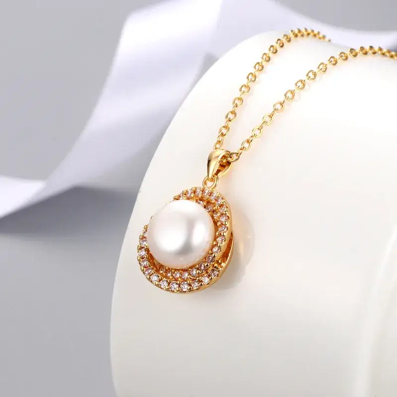 Gold Pearl Zircon Pendant Necklace for Women - Image 2