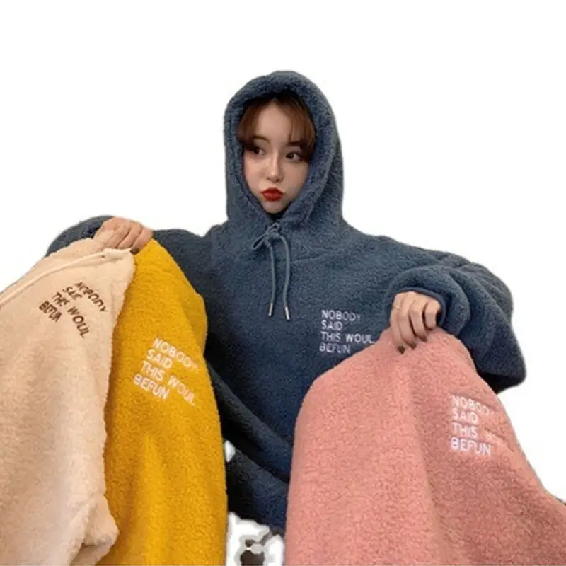 Women's Lamb Wool Hooded Pullover Autumn Winter Warm Long Sleeve