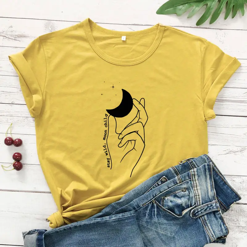 Women Yellow Moon Hand Design T-Shirt