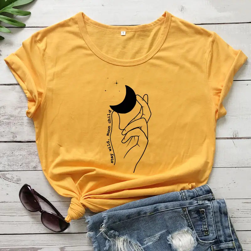 Women Yellow Moon Hand Design T-Shirt