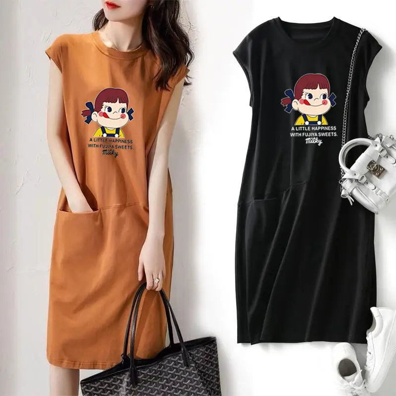 Women Cartoon Print Over-the-Knee Dress Orange - Image 3
