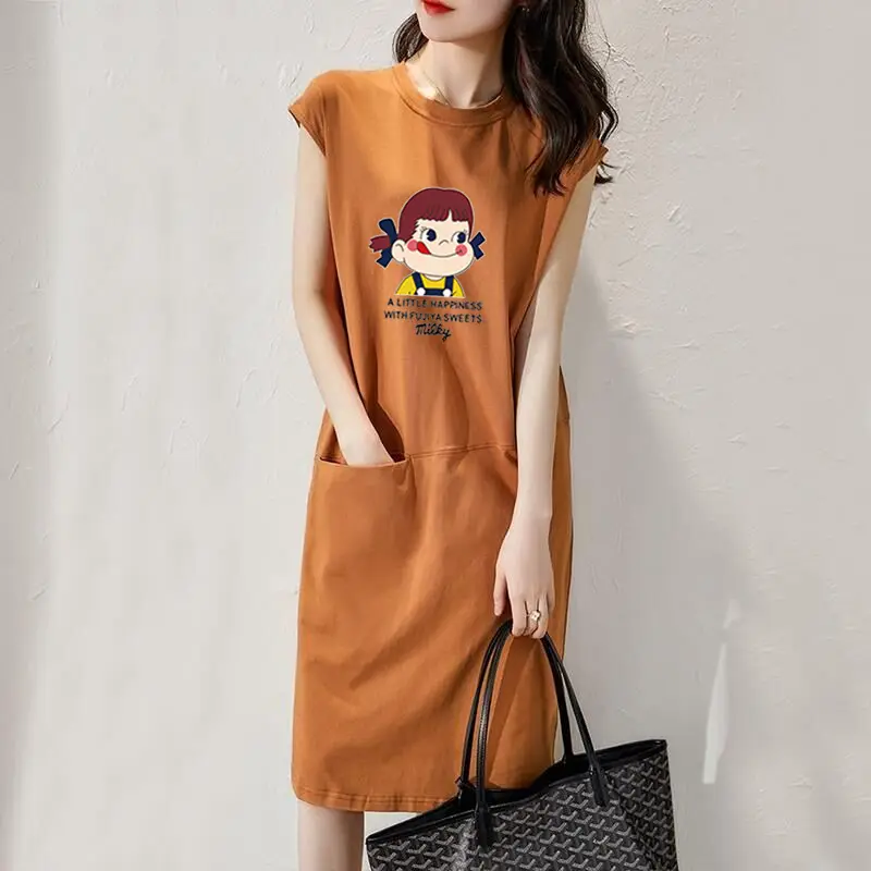 Women Cartoon Print Over-the-Knee Dress Orange - Image 5