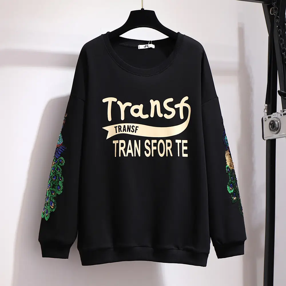 150kg Fat Women Fleece Lined Sweatshirt Black - Image 3