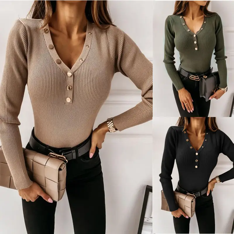 Women Long Sleeve V Neck Button Top Pure Color Bottom