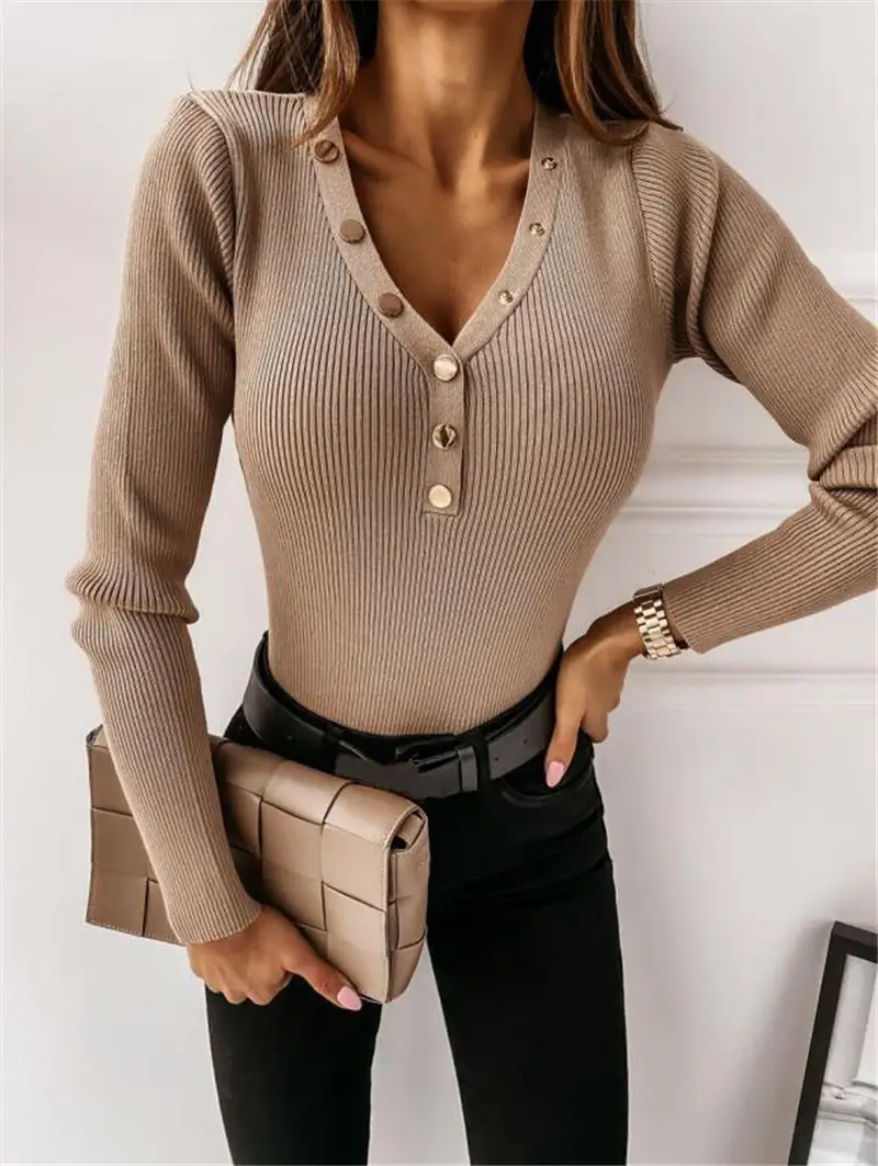 Women Long Sleeve V Neck Button Top Pure Color Bottom