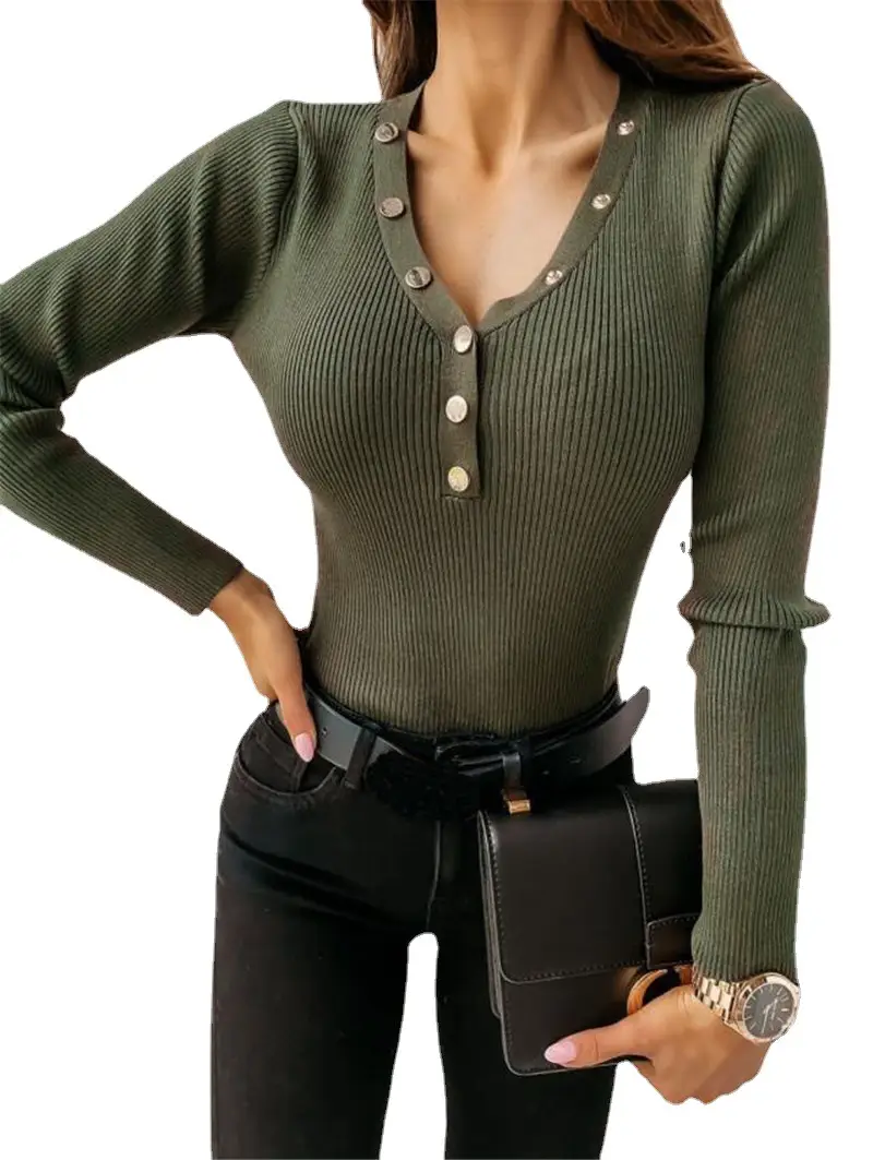 Women Long Sleeve V Neck Button Top Pure Color Bottom