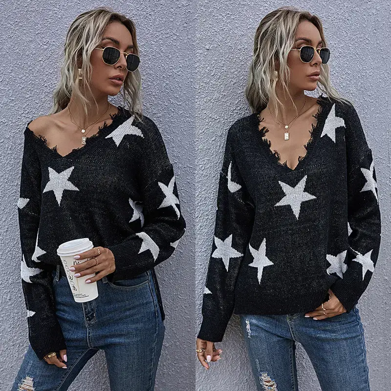 Black Star Print Long Sleeve V-Neck Knit Shirt