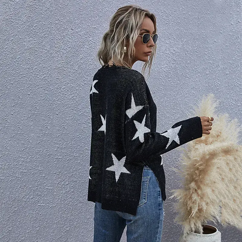 Black Star Print Long Sleeve V-Neck Knit Shirt