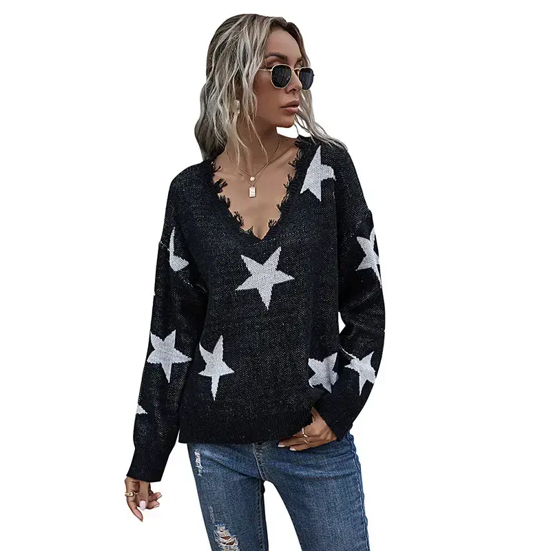 Black Star Print Long Sleeve V-Neck Knit Shirt