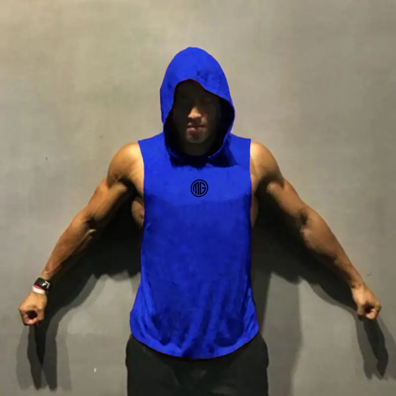 MG Men's Blue Hooded Sleeveless T-Shirt - Image 5