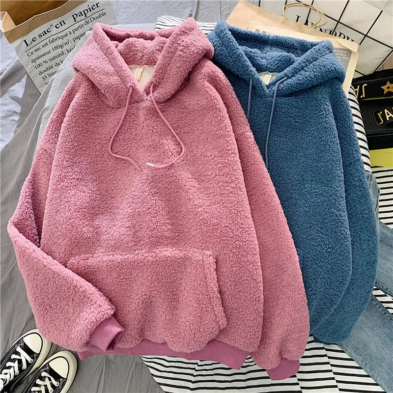 Women's Fleece Hooded Sweatshirt Blue Cream Winter Coat - Image 7