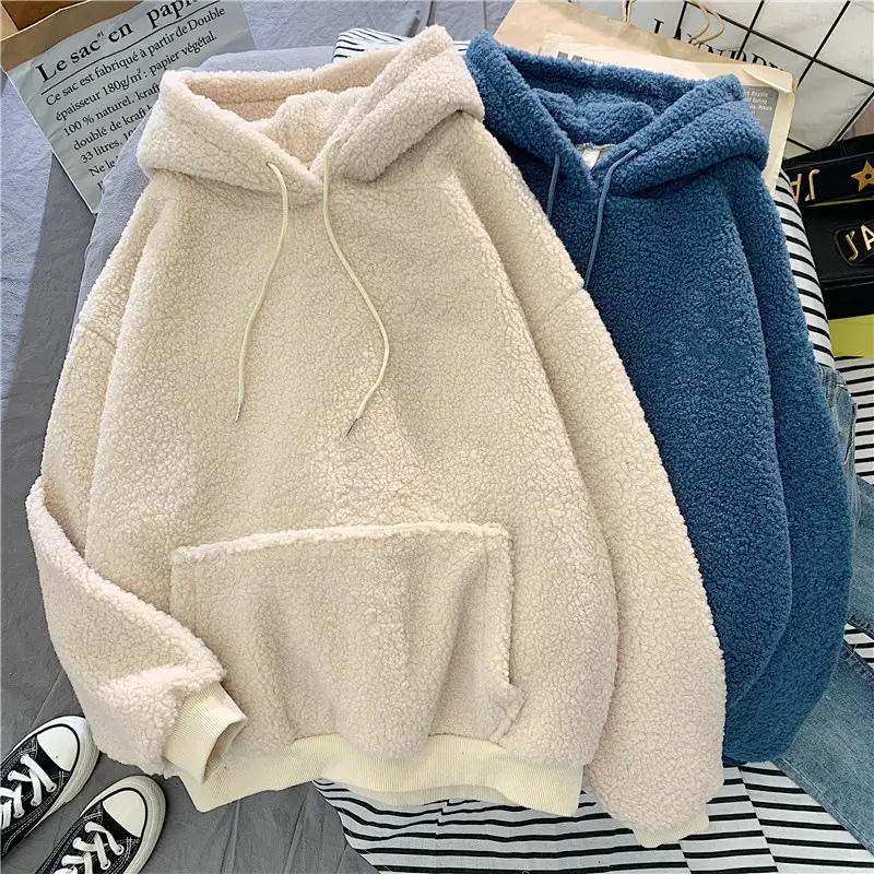 Women's Fleece Hooded Sweatshirt Blue Cream Winter Coat — feature 3