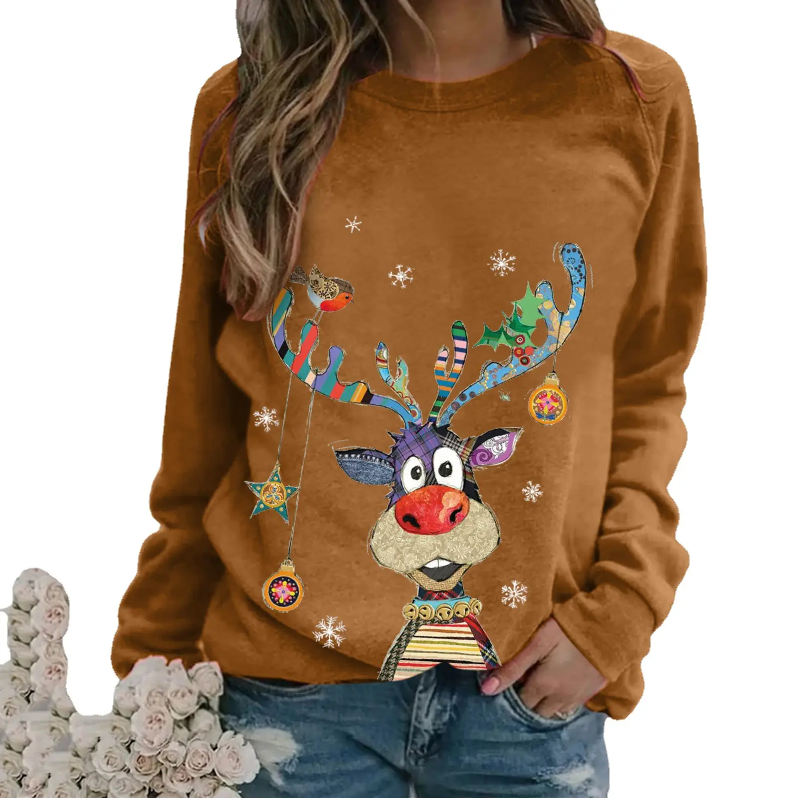 Women Christmas Deer Print Long Sleeve Red Sweatshirt - Image 16