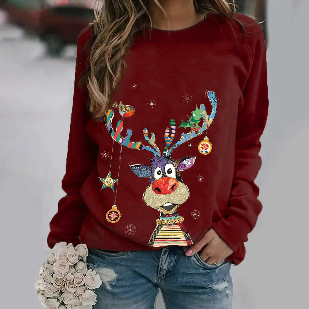 Women Christmas Deer Print Long Sleeve Red Sweatshirt - Image 11