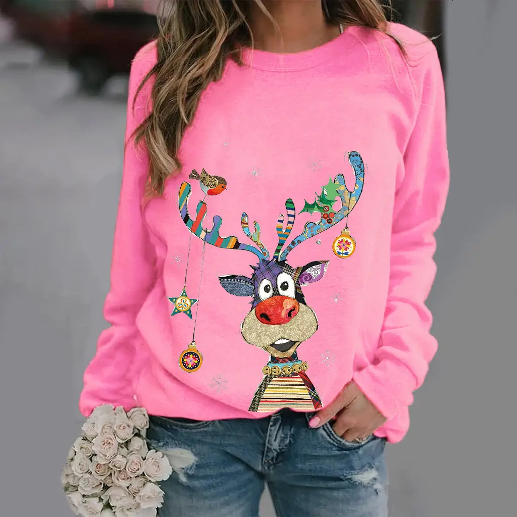 Women Christmas Deer Print Long Sleeve Red Sweatshirt - Image 3