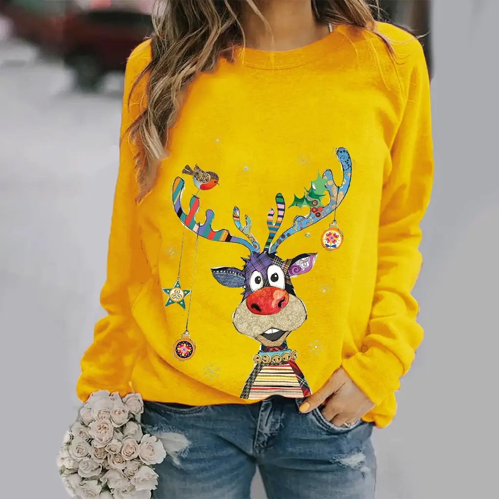 Women Christmas Deer Print Long Sleeve Red Sweatshirt - Image 4