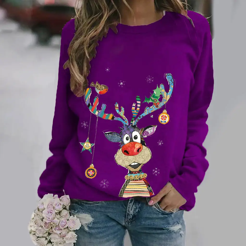 Women Christmas Deer Print Long Sleeve Red Sweatshirt - Image 6