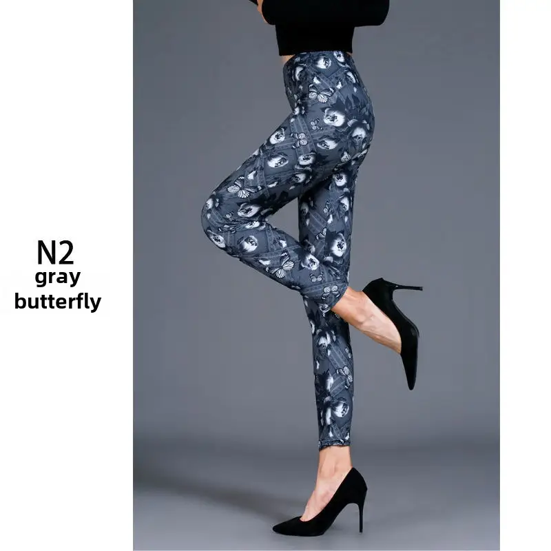 Women Printed Leggings N2 Grey Butterfly Design - Image 11