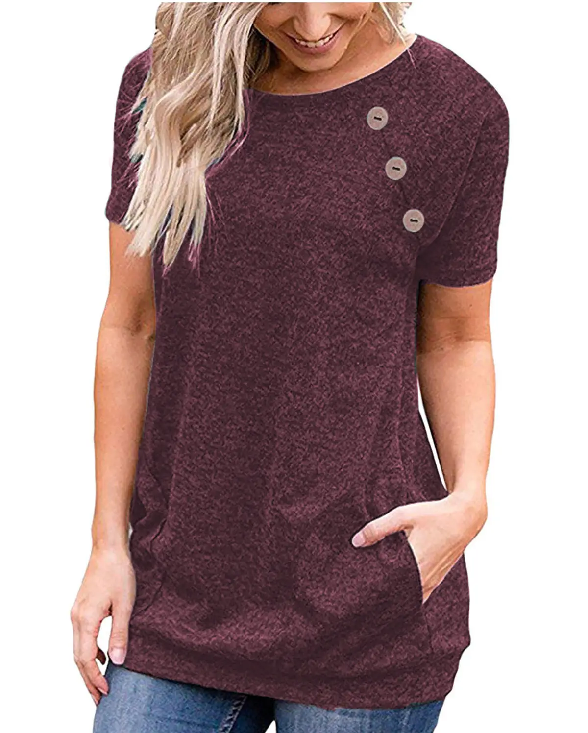 Women Button T-Shirt Maroon 2025 Autumn - Image 13