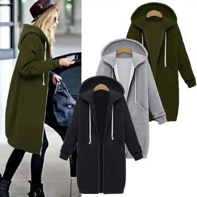 Women's Black Hooded Full Zip Winter Coat Long Sleeve - Image 7