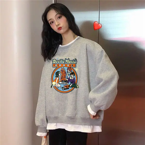 Fake Two-Piece Velvet Sweatshirt Women 2025 Autumn Winter New Loose Korean Style Cartoon Student Jacket Top Women's Clothing Export — feature 4