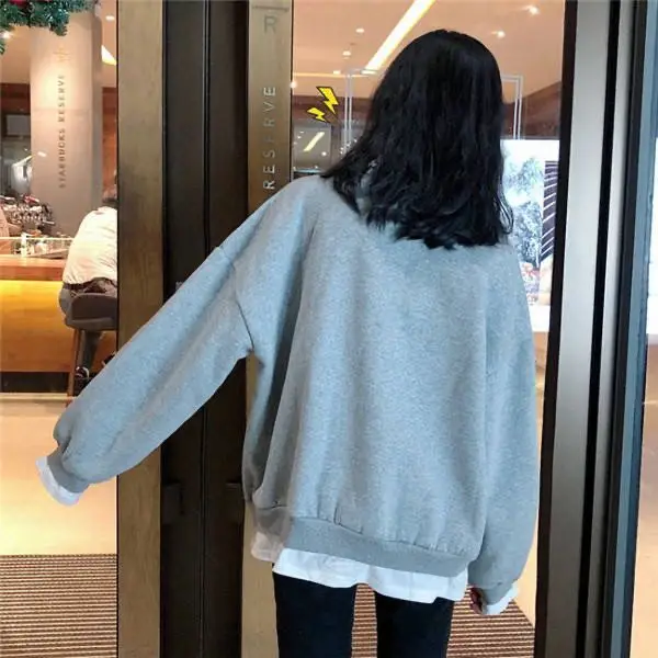 Fake Two-Piece Velvet Sweatshirt Women 2025 Autumn Winter New Loose Korean Style Cartoon Student Jacket Top Women's Clothing Export — feature 6