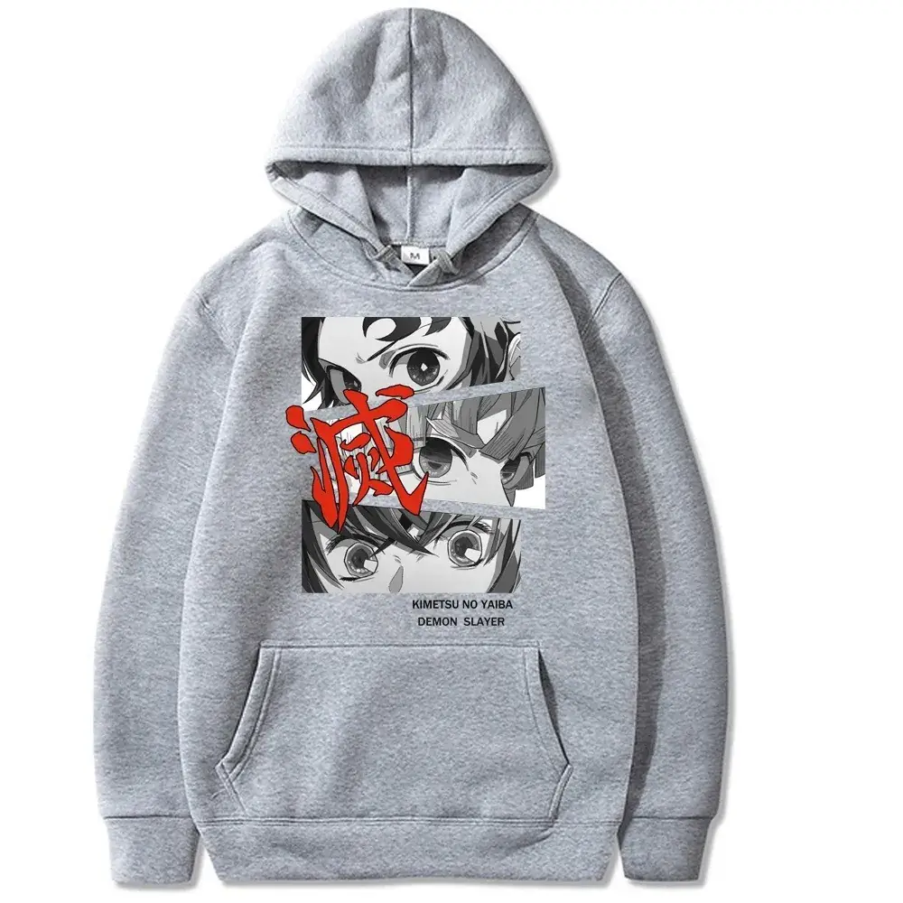 Cross-border Demon Slayer Hooded Sweatshirt Grey Anime Print - Image 4