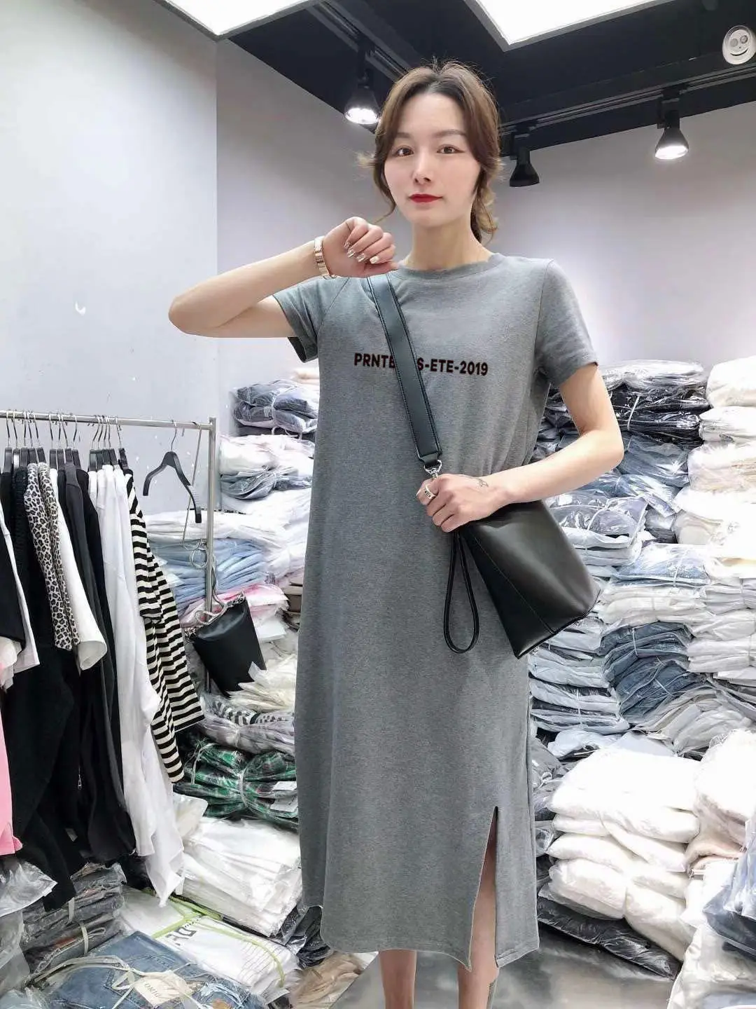 Women Summer Grey Oversized T-Shirt Skirt Set — feature 2